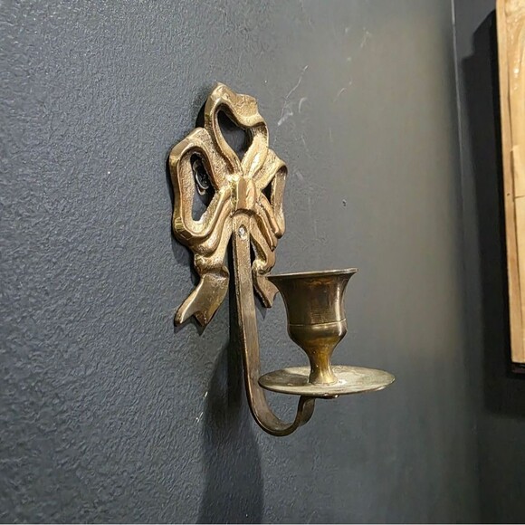 Set Of 2 Brass Bow Ribbon Taper Candle Holders Wall Sconce 5.5 X 3.5 Vintage - Picture 9 of 11